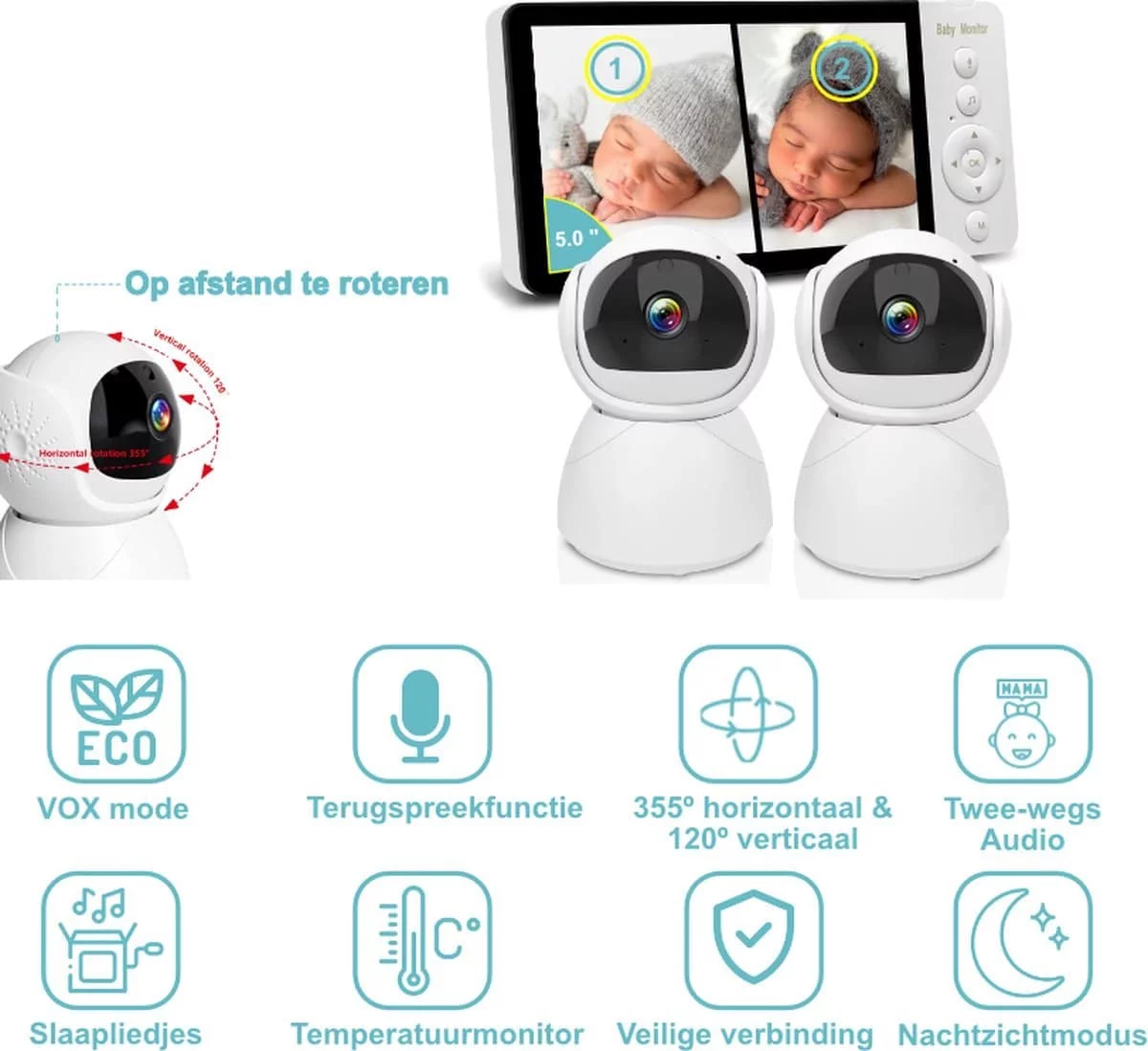 iNeedy BabyWatch  - 5inch Babyfoon - Baby monitor - Op afstand bestuurbaar - Full HD - Afbeelding 2